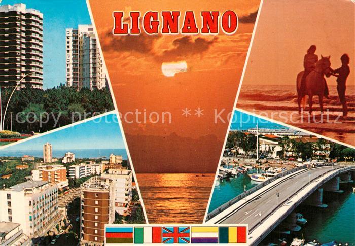 Lignano Hochhaeuser Bruecke Reiterin Abendstimmung