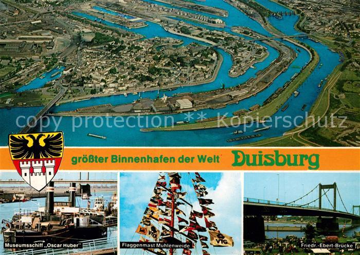 Duisburg Ruhr Fliegeraufnahme Museumsschiff Oscar Huber Flaggemast Muehlenweide