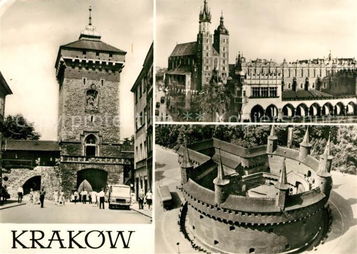 Krakow Krakau Brama Florianska Kosciol Mariacki i Sukiennice Barbakan
