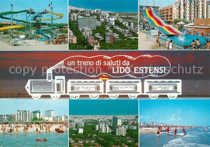 Lido degli Estensi Hotels am Meer Strand Freizeitbad Eisenbahn Sonnenuntergang