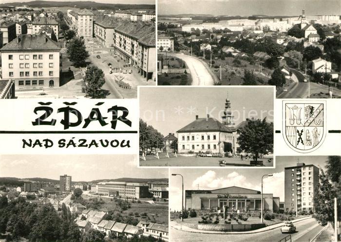 Zdar nad Sazavou Saar Stadtansichten Rathaus Gebaeude Hochhaus Wappen