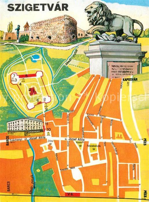 Szigetvar Stadtplan mit Sehenswuerdigkeiten Loewenstatue Denkmal