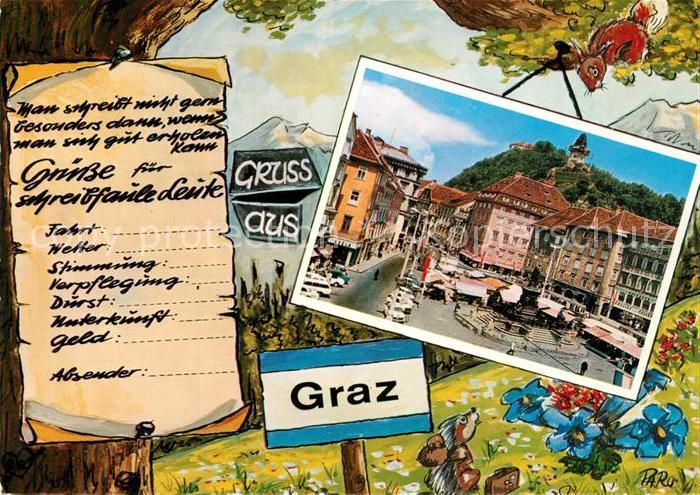 Graz Steiermark Marktplatz Denkmal Schlossberg mit Uhrturm Kuenstlerkarte