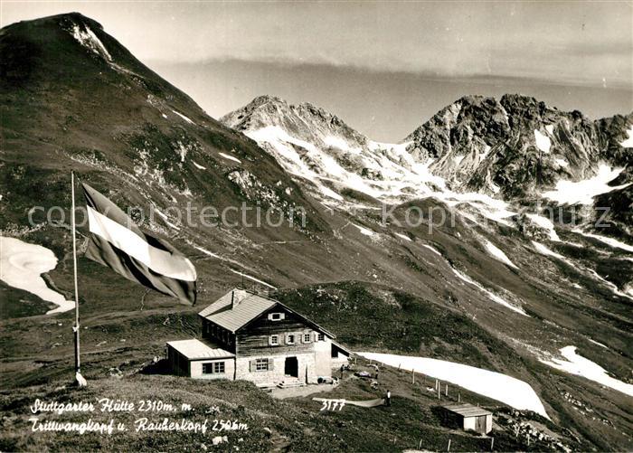 Stuttgarterhuette Berghuette Fahne Trittwangkopf Rauherkopf Gebirgspanorama Alpe