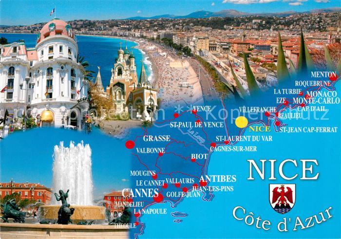 Nice Alpes Maritimes Hotel Kirche Brunnen Stadtpanorama Strand Landkarte Cote d
