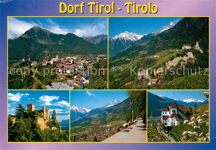 Dorf Tirol Gesamtansicht mit Alpenpanorama Burg Promenade