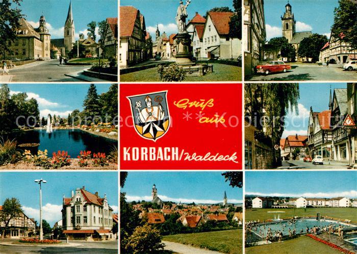 Korbach Ortsansichten Kirche Brunnen Teich Hauptstrasse Freibad Wappen