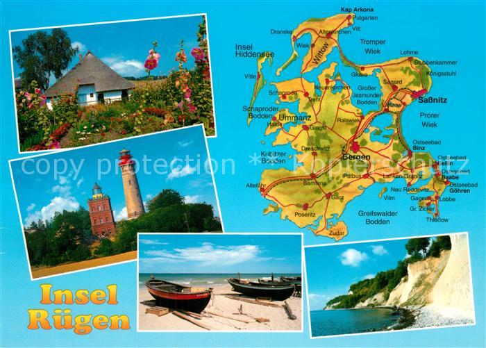 Insel Ruegen Reetdachhaus Leuchtturm Steilkueste Fischerboote Landkarte