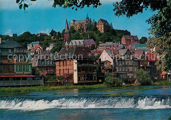 Marburg Lahn Lahn Wehr Altstadt Blick zum Schloss