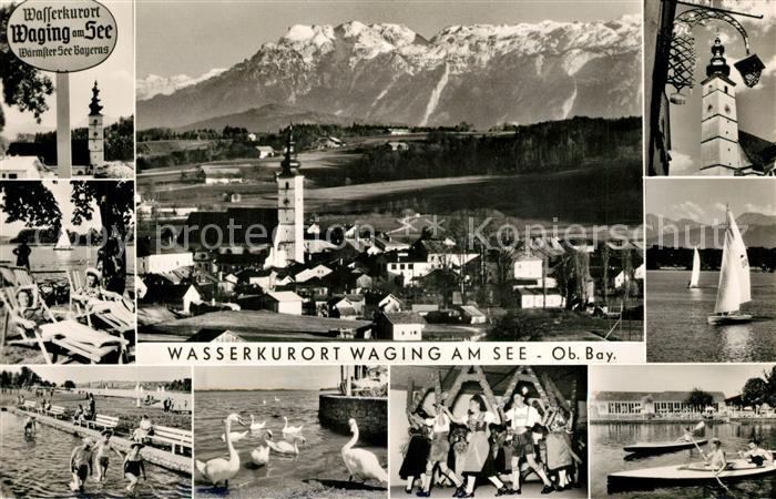 Waging See Kneippbecken Kirchturm Segelboote Volkstanzgruppe Kanu