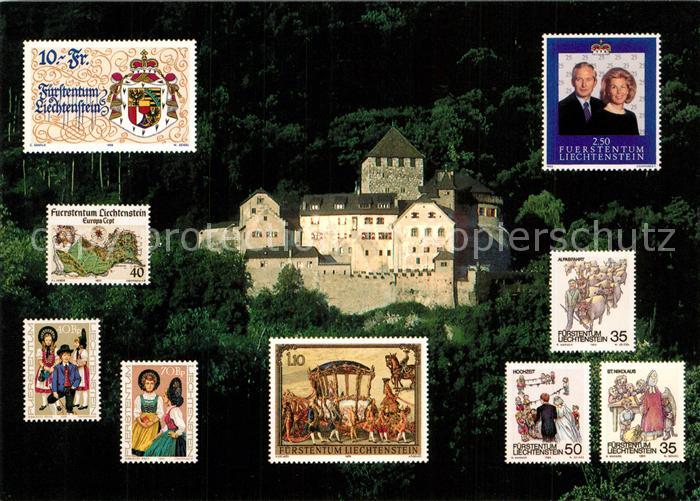 Briefmarken auf Postkarte Liechtenstein Schloss Vaduz