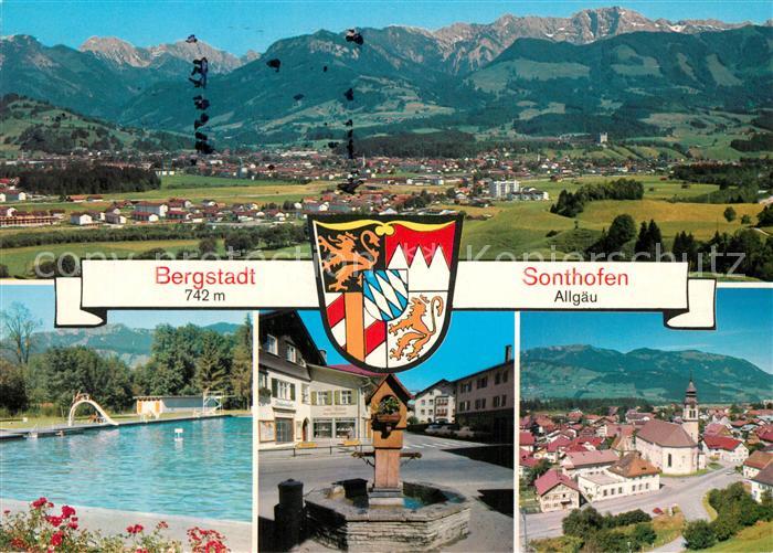 Sonthofen Oberallgaeu Gesamtansicht mit Alpenpanorama Freibad Innenstadt Brunnen