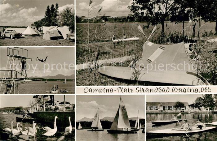 Waging See Campingplatz Bootfahren Segelboot Sprungturm Schwaene