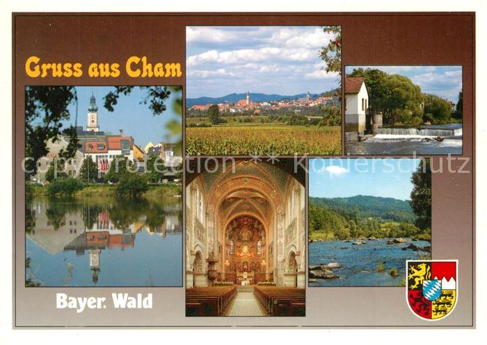 Cham Oberpfalz Partie am Fluss Blick zur Stadt Kirche Inneres Wehr Wappen