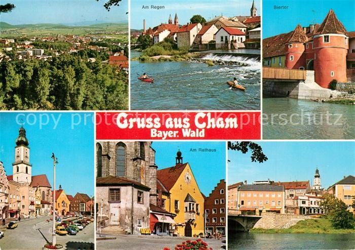 Cham Oberpfalz Stadtpanorama Am Regen Wehr Biertor Marktplatz Kirche Rathaus