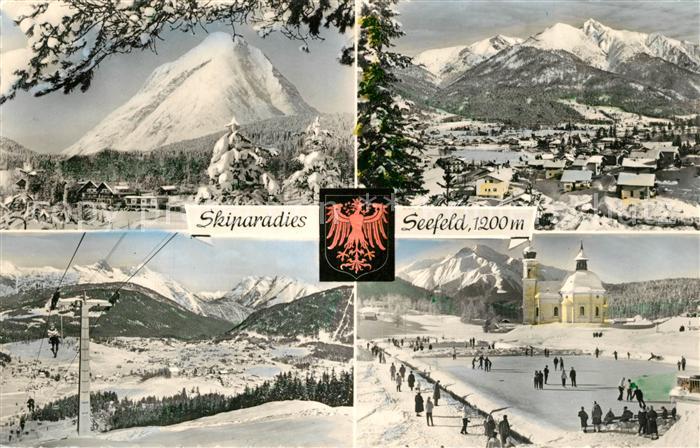 Seefeld Tirol Winterpanorama mit Hohe Munde Skilift Eislaufbahn Kirche
