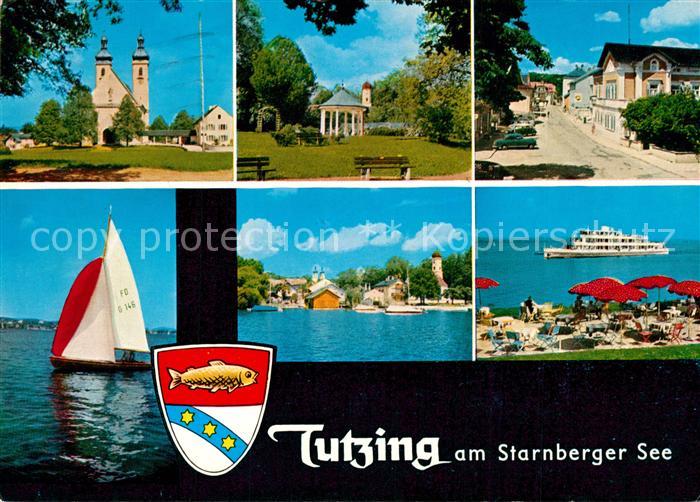 Tutzing Kirche Park Ortsmotiv Segeln Strandcafe Fahrgastschiff Starnberger See