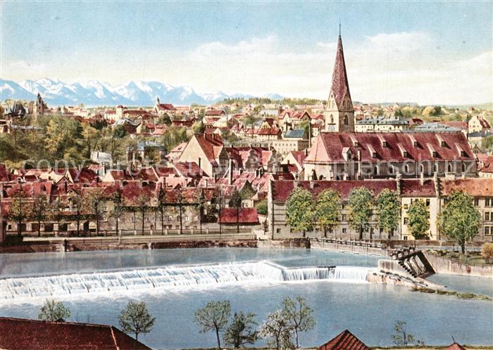 Kempten Allgaeu Stadtbild mit Kirche Iller Wehr Alpen