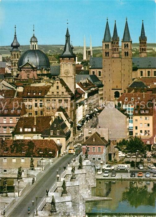 Wuerzburg Blick von der Feste auf Dom Neumuenster und Mainbruecke