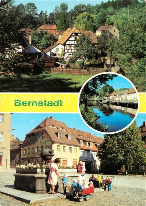 Bernstadt Loebau Teilansicht Partie am Fluss Marktplatz Brunnen