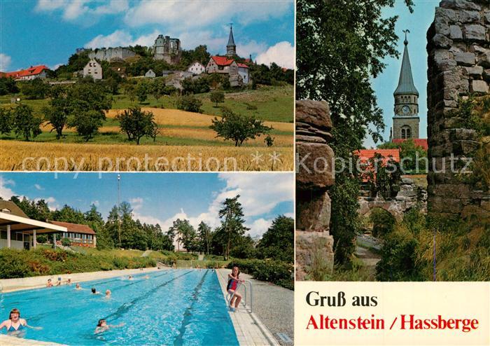 Altenstein Hassberge Blick ueber die Felder Ruine Kirche Freibad