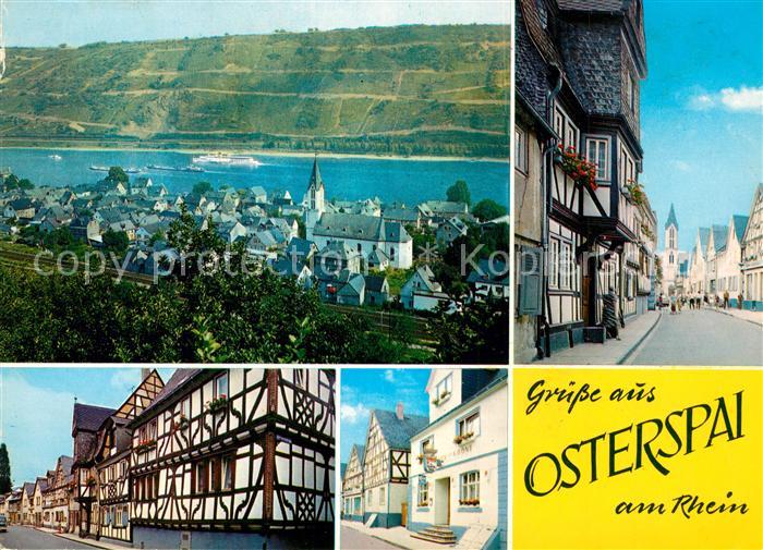 Osterspai Panorama Blick zum Rhein Fachwerkhaeuser Strassenpartie Kirche