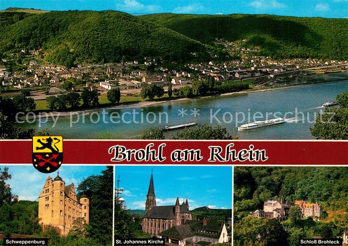 Brohl-Luetzing Panorama Blick ueber den Rhein Schweppenburg St Johannis Kirche S