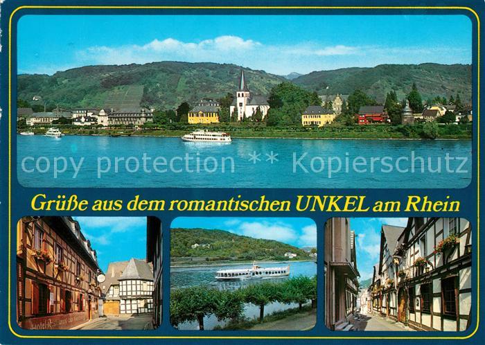 Unkel Rhein Panorama Blick ueber den Rhein Fahrgastschiff Fachwerkhaeuser