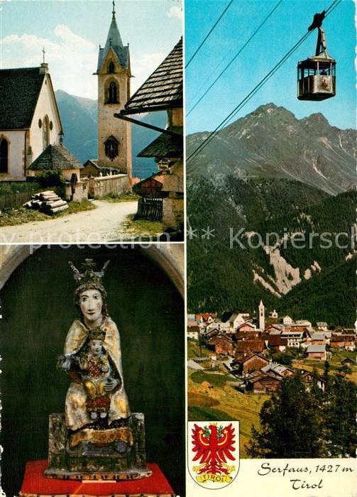 Serfaus Tirol Ortsmotiv mit Kirche Heiligenfigur Bergbahn Alpen