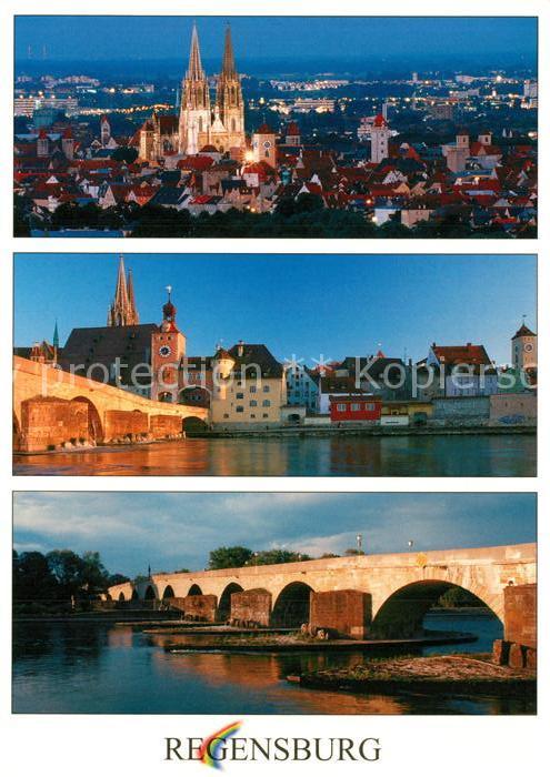 Regensburg Fliegeraufnahme Dom Bruecke Nachtaufnahme Stadtpanorama