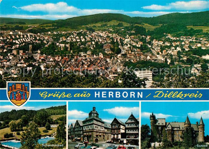 Herborn Hessen Fliegeraufnahme Schwimmbad Marktplatz mit Rathaus Schloss