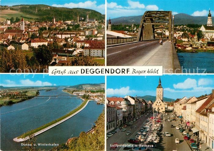 Deggendorf Donau Stadtblick Bruecke Donaupartie Luitpoldplatz und Rathaus