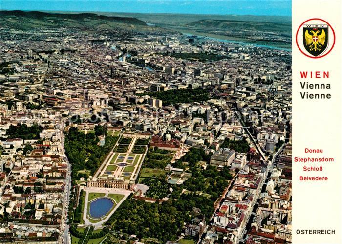 Wien Fliegeraufnahme mit Donau Stephansdom Schloss Belvedere