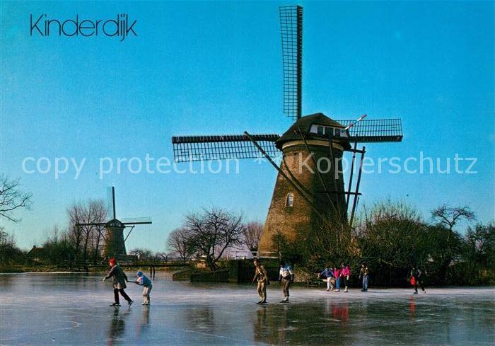 Kinderdijk Windmuehlen Eislaufen