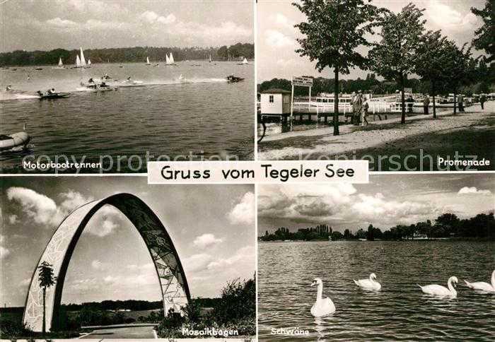 Berlin Tegeler See Motorbootrennen Promenade Mosaikbogen Schwaene