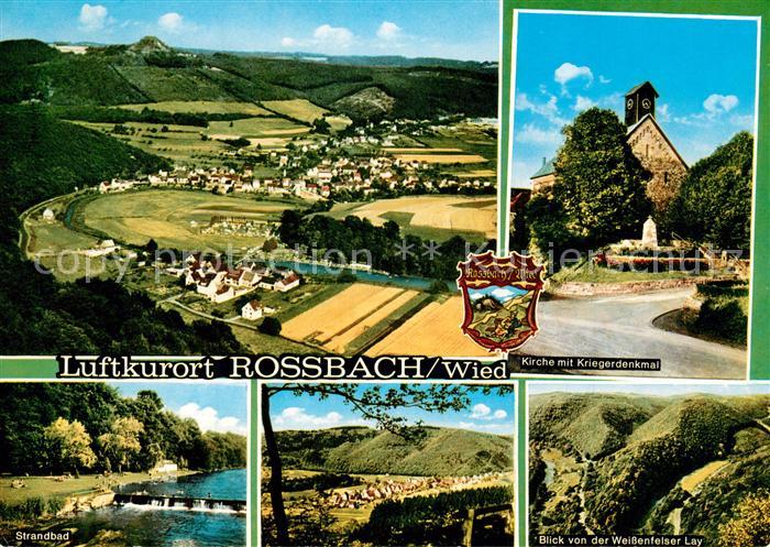 Rossbach Wied Fliegeraufnahme Kirche mit Kriegerdenkmal Strandbad Blick von der
