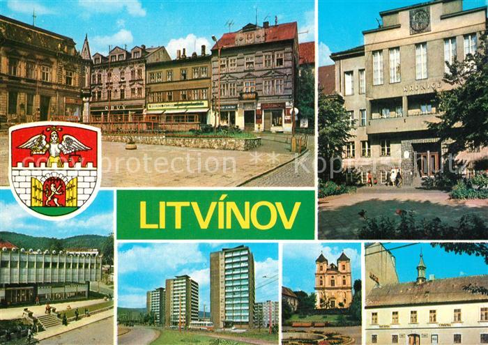 Litvinov Kirche Rathaus Marktplatz Hochhaeuser