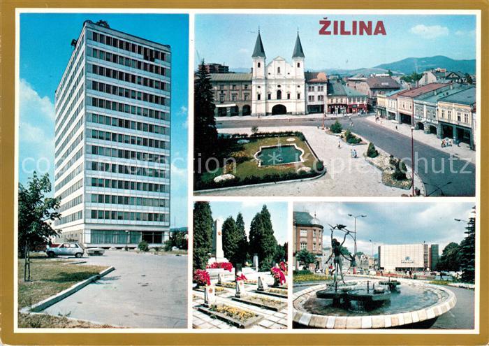 Zilina Platz Dukla Rathaus Hochhaus Brunnen Friedhof