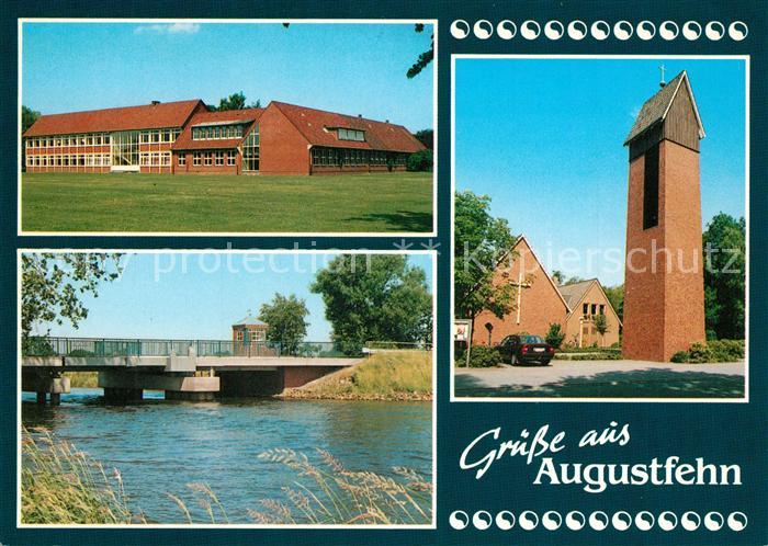 Augustfehn Schule Kirche Bruecke Partie am Fluss