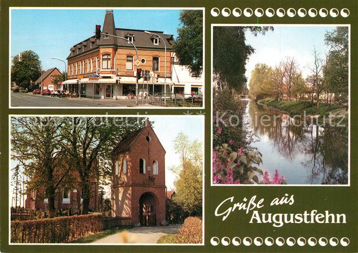 Augustfehn Strassenpartie Kirche Partie am Fluss