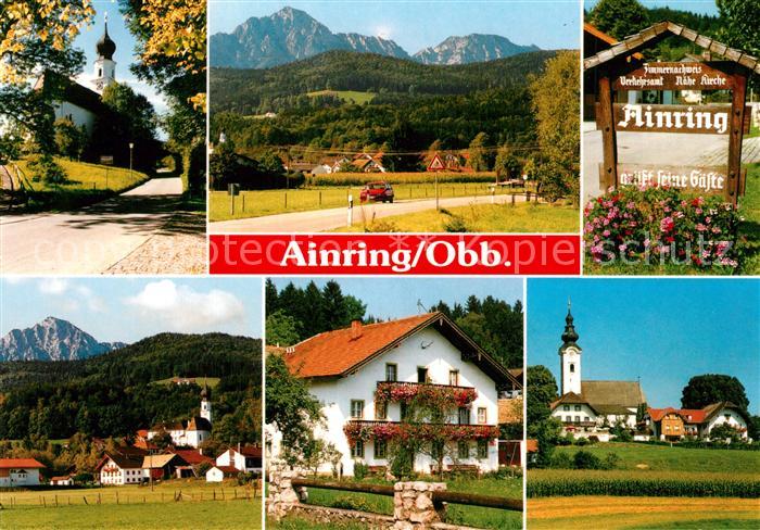 Ainring Ortsmotiv mit Kirche Landstrasse Alpenblick Blumenschmuck Schild