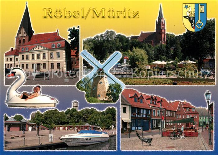 Roebel Mueritz Rathaus Kirche Windmuehle Schwan Hafen Motorboot Marktplatz