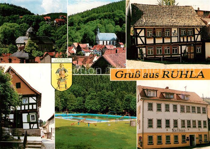 Ruhla Ortsmotive Kirche Fachwerkhaus Rathaus Freibad