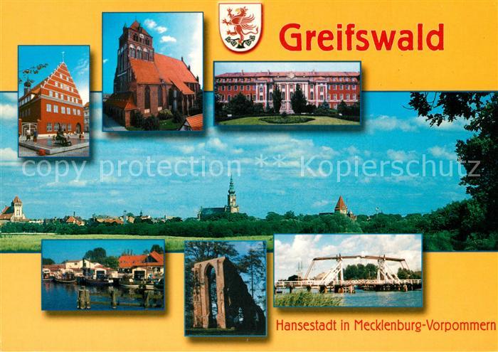 Greifswald Rathaus Kirche Gebaeude Klappbruecke Klosterruine Eldena Hafen