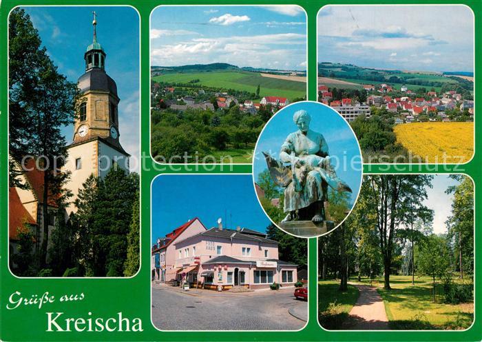 Kreischa Kirche Panorama Brunnenfigur Ladengeschaeft Parkanlagen