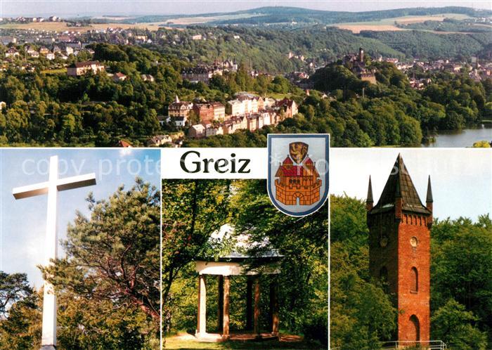 Greiz Thueringen Panorama Blick vom weissen Kreuz Tempel Pulverturm