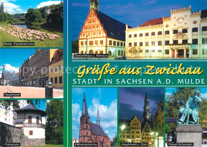 Zwickau Sachsen Mulde Paradiesbruecke Schafherde Hauptmarkt Pulverturm Gewandhau