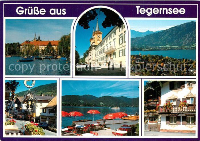 Tegernsee Hafen Schloss Alpenpanorama Strassenpartie Terrassencafe