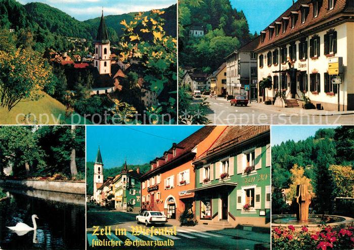 Zell Wiesental Ortsansicht mit Kirche Hauptstrasse Schwanenteich Brunnen Erholun