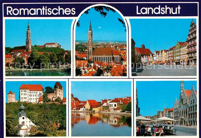 Landshut Isar Stadtpanorama mit Kirche Innenstadt Strassencafe Giebelhaeuser Bur